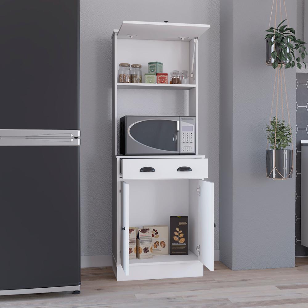 Apex 66.3" H Kitchen Pantry with Drawer, 2 Cabinets, and Microwave Stand, White. Picture 7
