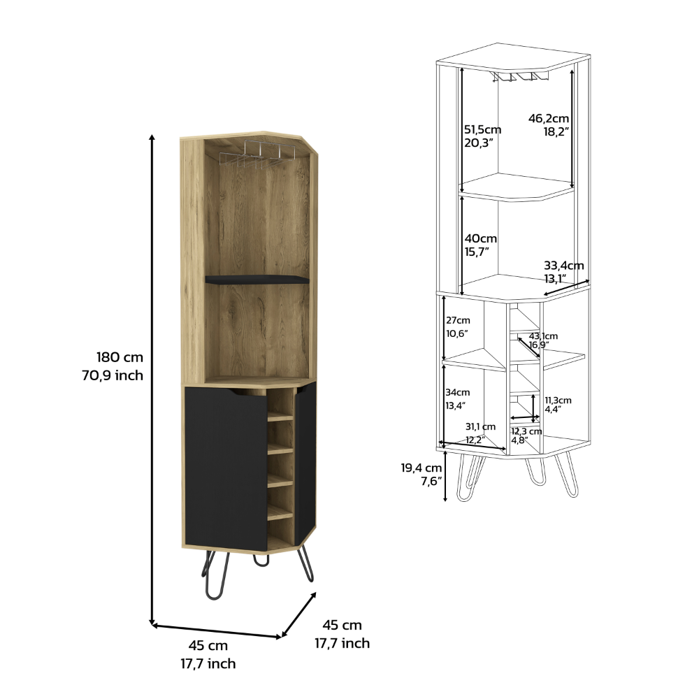 Depot E-Shop Bursan Corner Cabinet Six Built-in Wine Rack, Two Shelves, Four Shelves, Macadamia / Black. Picture 4
