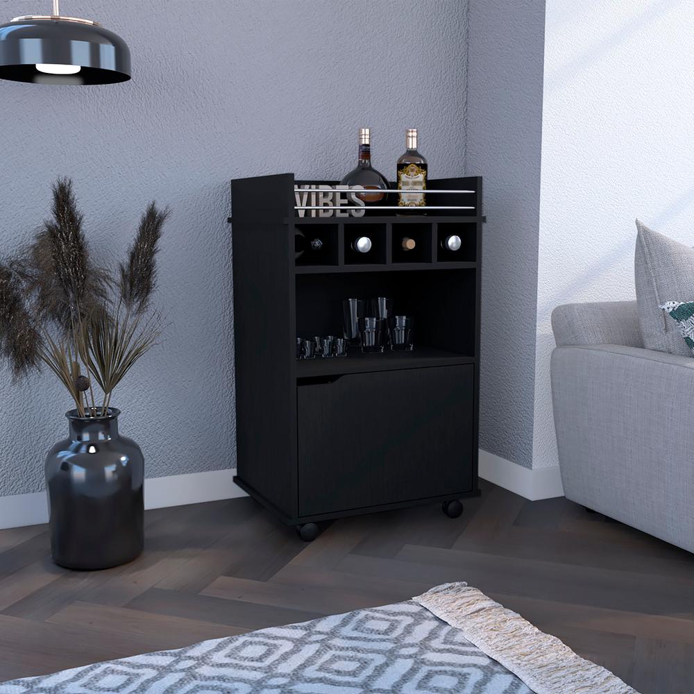 Sims 35" H Bar Cart with Two Shelves four Wine Cubbies and One Cabinet,Black. Picture 6
