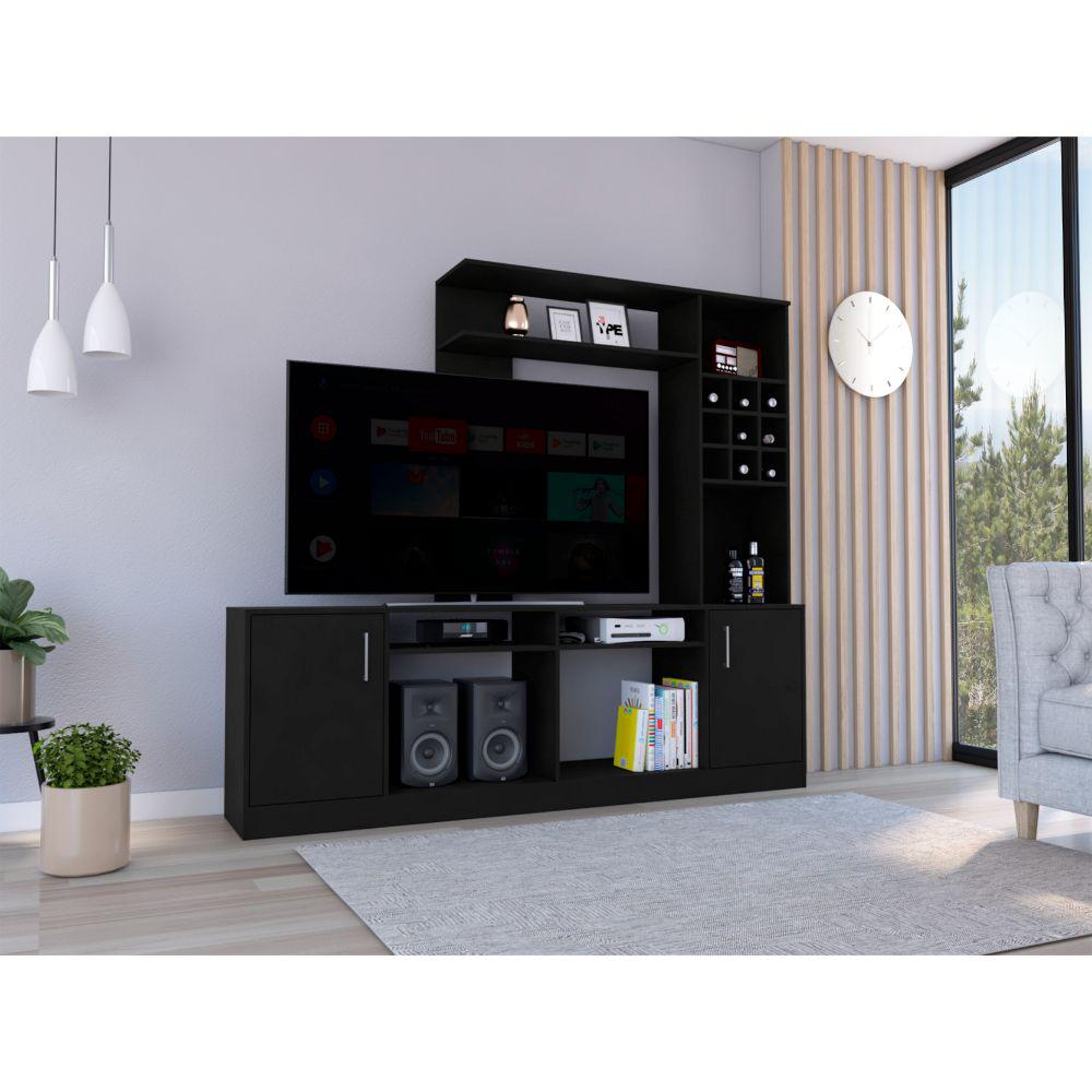 DEPOT E-SHOP King Entertainment Center, Two-Door Cabinet, Storage Spaces, Six External Shelves-Black, For Living Room. Picture 1