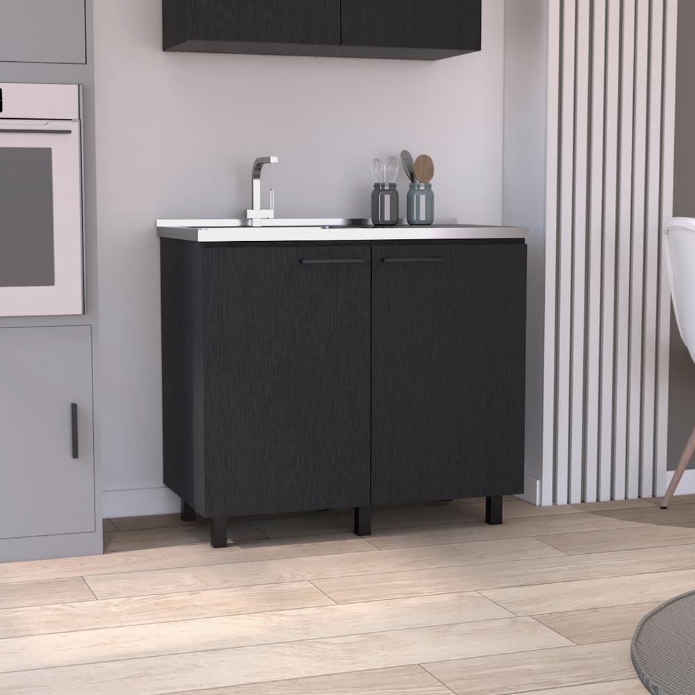 DEPOT E-SHOP Salento 2 Freestanding Utility Base Cabinet with Stainless Steel Countertop and 2-Door, Black. Picture 5