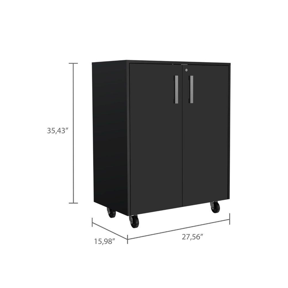 DEPOT E-SHOP Hartford Storage Cabinet, Two-Door Cabinet, Two Internal Shelves, Caster Wheels, Padlock With Key-Black, For Garage. Picture 4