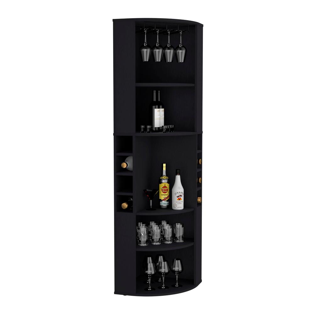 71" Corner Bar Cabinet with Five Shelves, Eight Bottle Cubbies and Stemware. Picture 1