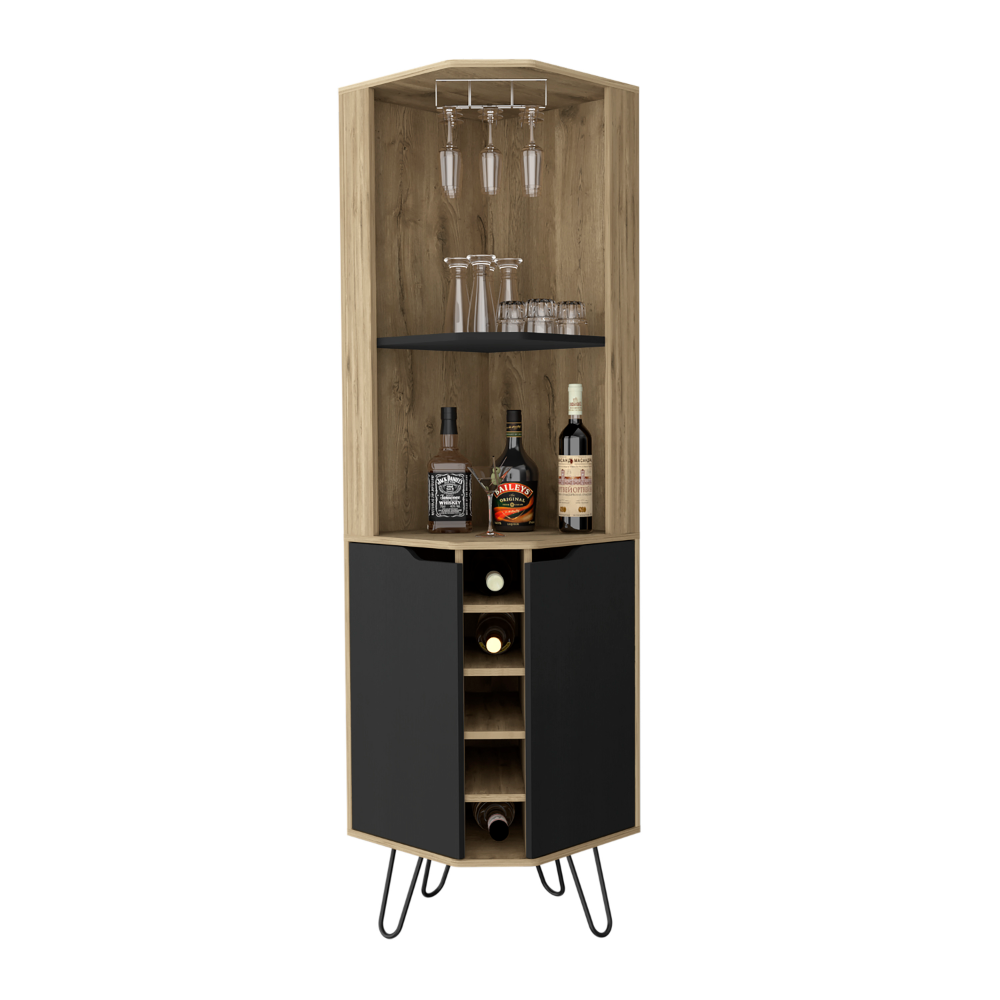 Depot E-Shop Bursan Corner Cabinet Six Built-in Wine Rack, Two Shelves, Four Shelves, Macadamia / Black. Picture 1