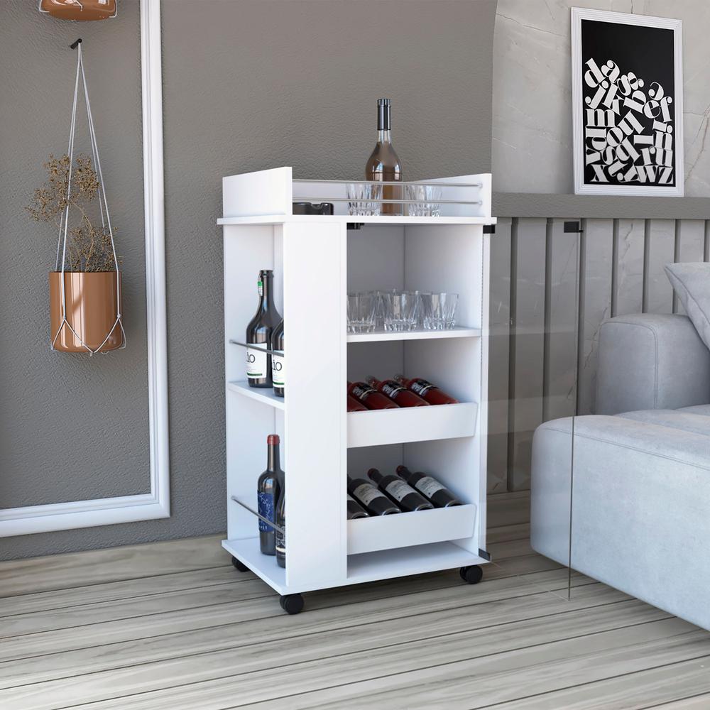 Lansing Bar Cart with Glass Door, 2-Side Shelves and Casters, White. Picture 4