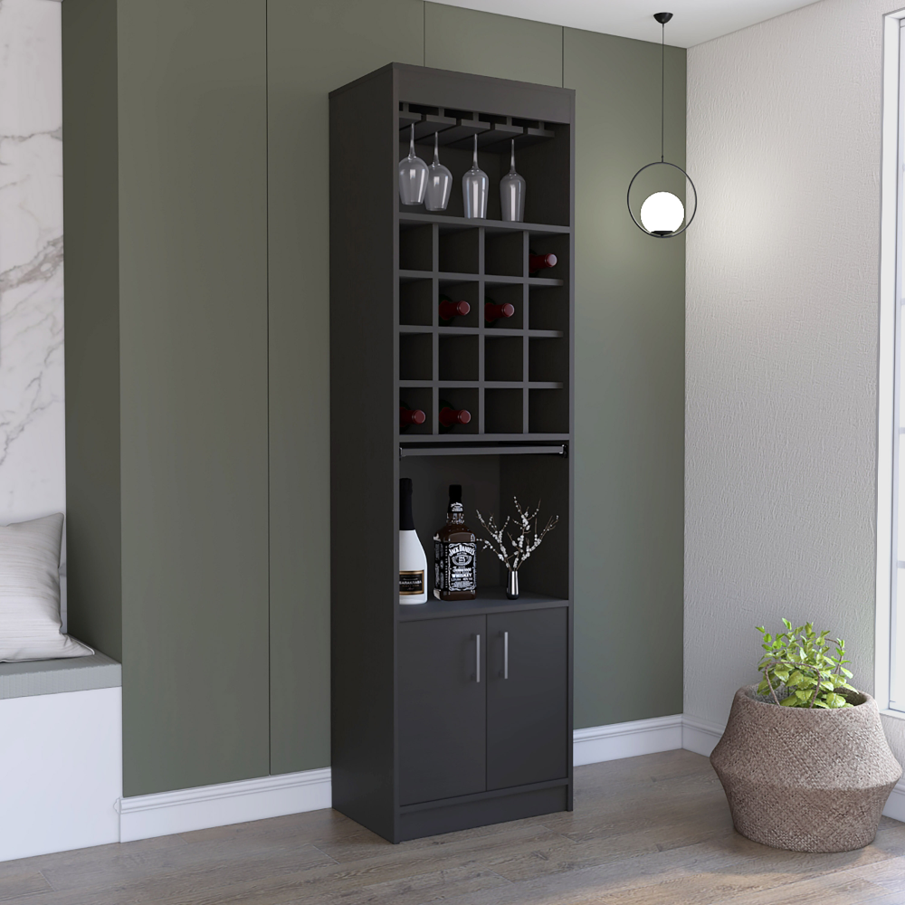 Depot E-Shop Athens Kava Bar Cabinet, 16 Built-in Wine Rack, Two Door Cabinet, Two Shelves, Black. Picture 2