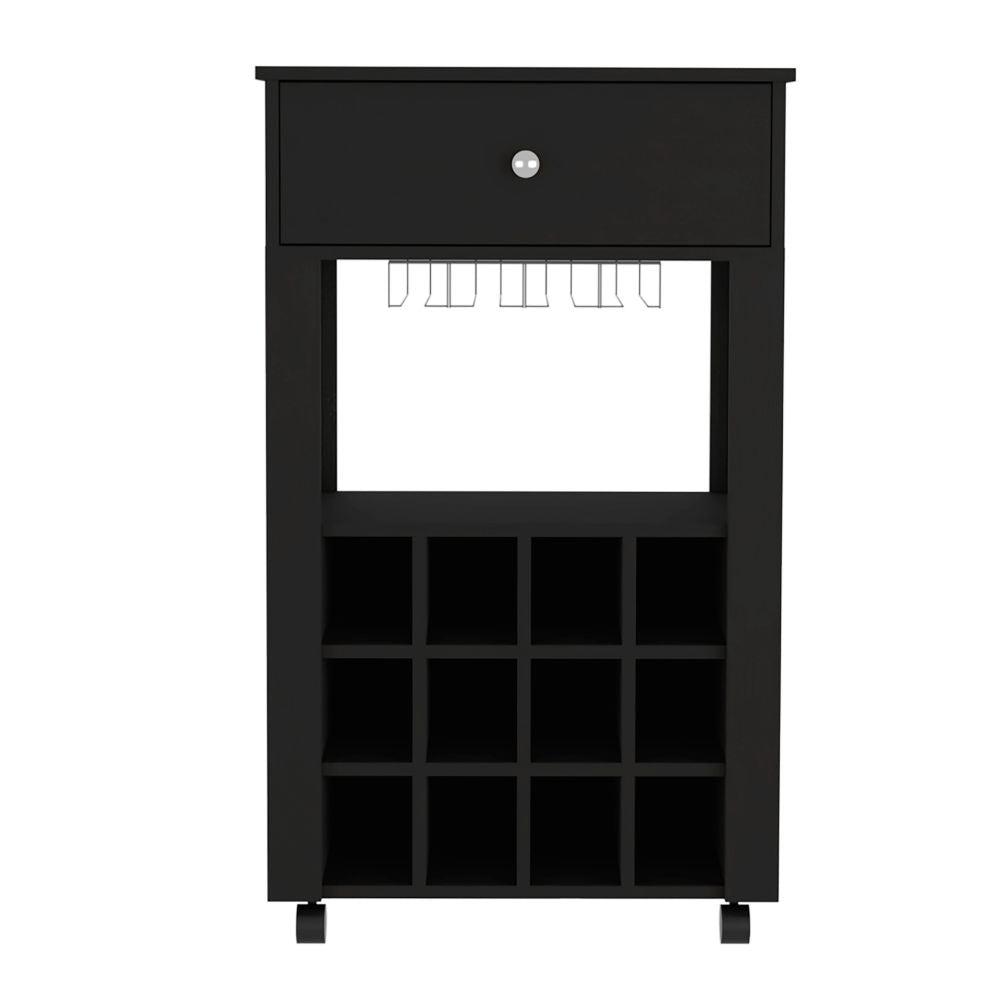 DEPOT E-SHOP Margh Bar Cart, Twelve Wine Cubbies, Four Legs, One Open Shelf, Countertop- Black, For Kitchen. Picture 2