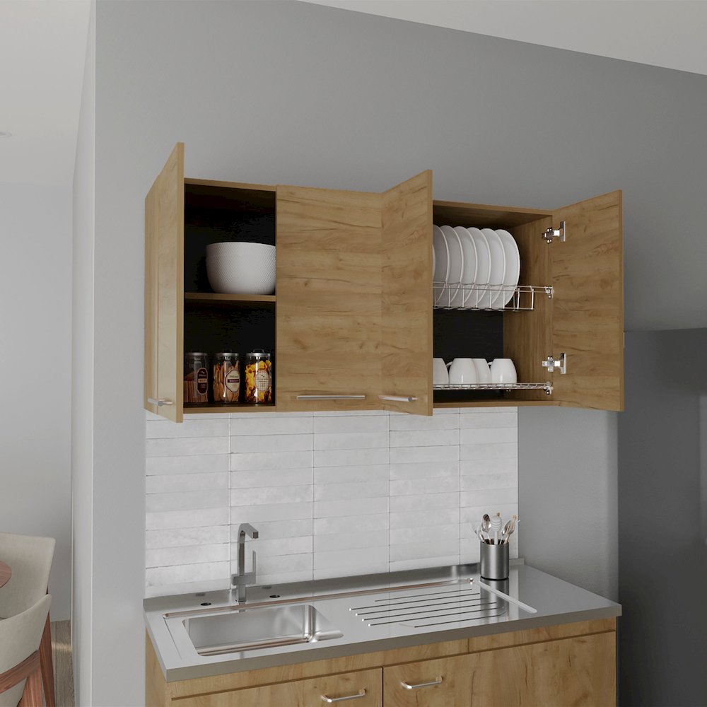 Oceana 120 Wall Cabinet, Four Doors, Two Cabinets, Two Shelves, Natural Oak. Picture 7