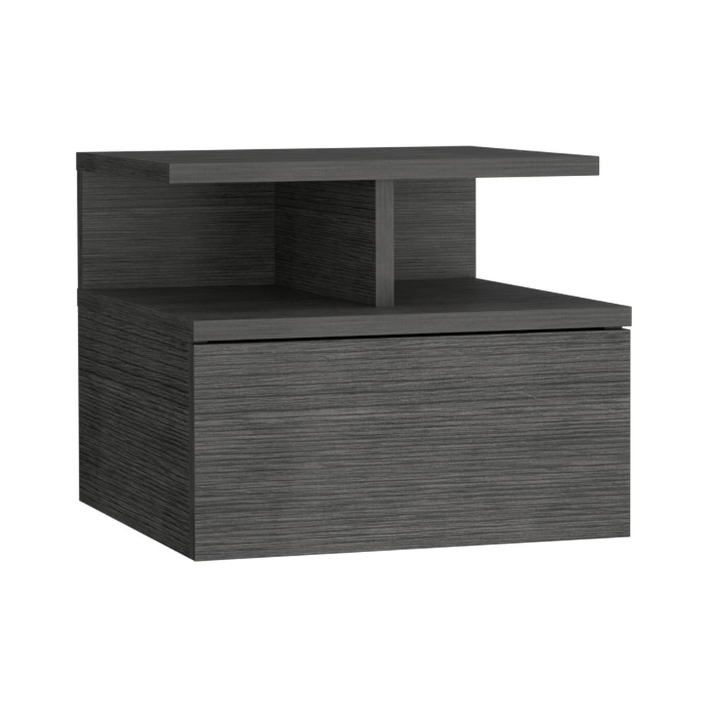 Nightstand, Wall Mounted Single Drawer and 2-Tier Shelf, Smokey Oak -Bedroom. Picture 1