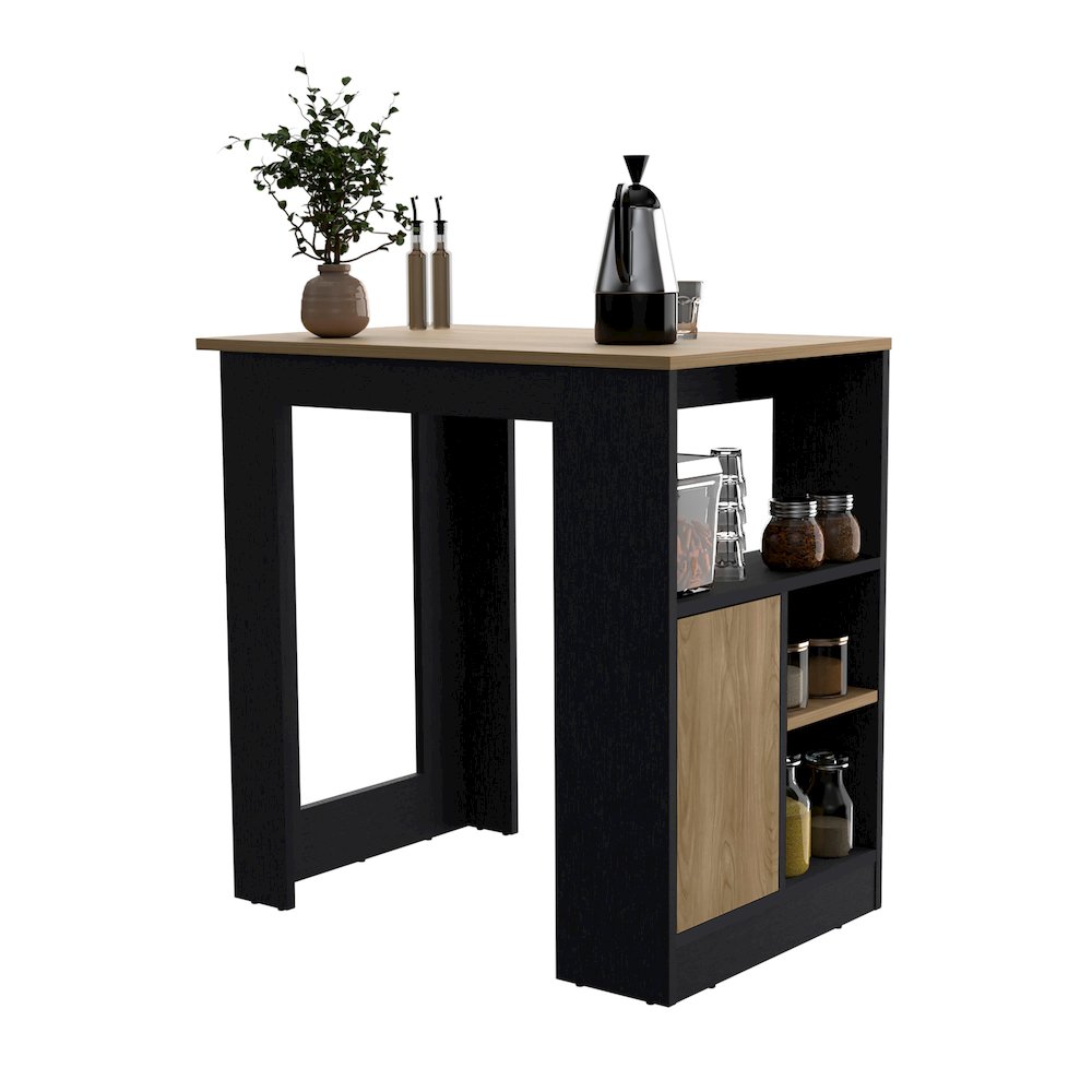Kitchen Island 36" H, Three Shelves and One Cabinet,  Black / Natural Oak. Picture 3