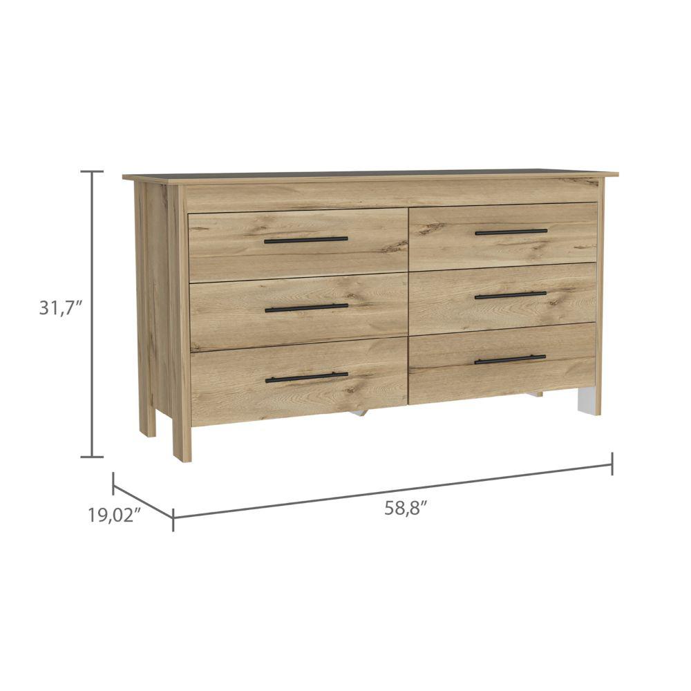 DEPOT E-SHOP Paris 6 Drawer Double Dresser -Six Drawers, Four Legs, Countertop-Light Oak/White. For Bedroom. Picture 4