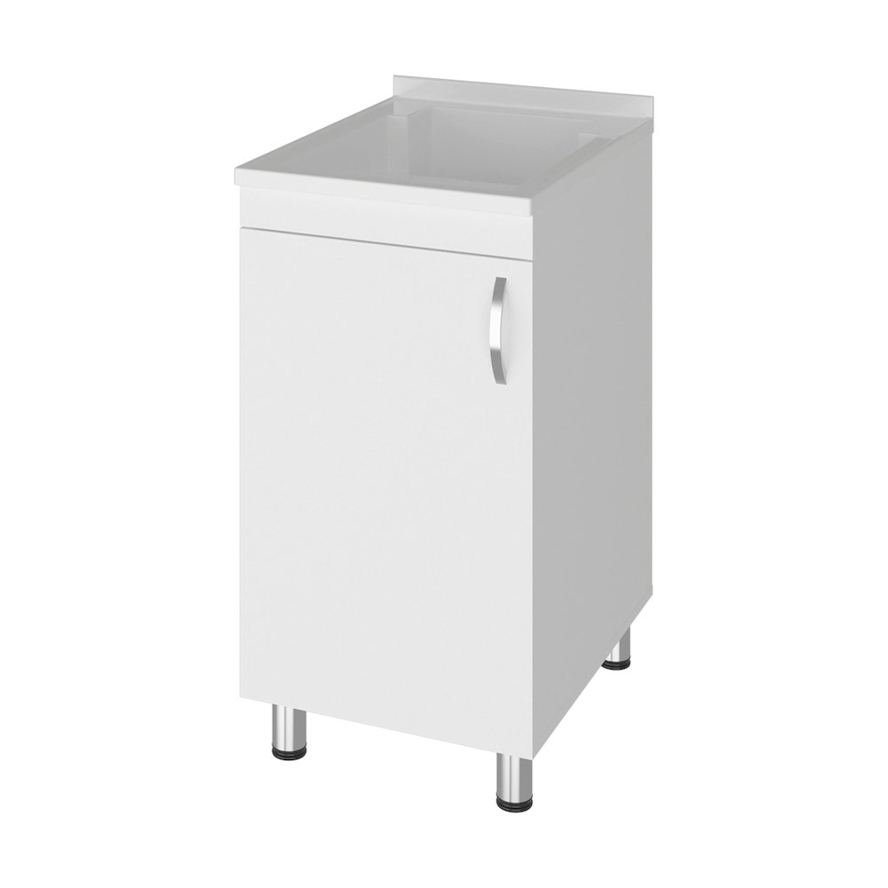 Mylo Freestanding Utility Tub with 1 Door, 2 Shelves and 4 legs, White. Picture 7