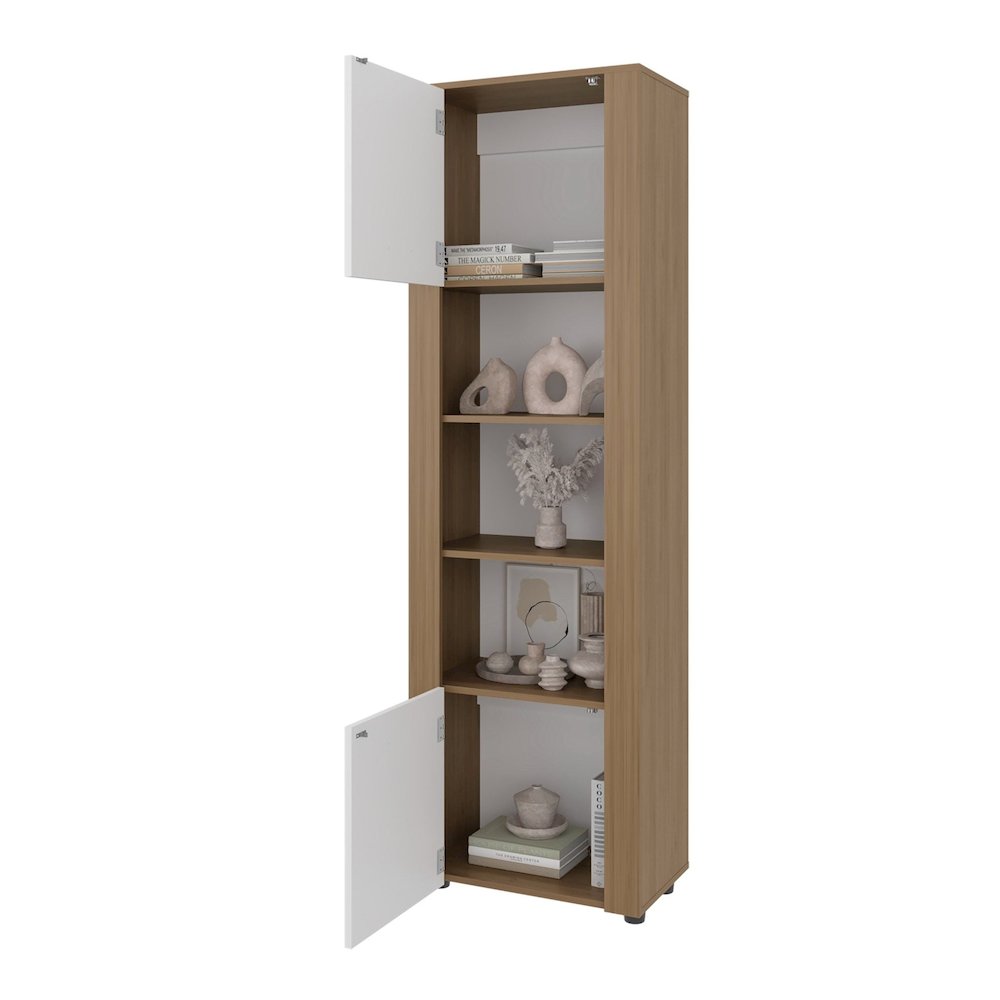 Bookcase with Upper and Lower Doors, Open Display Shelves, Natural Oak / White. Picture 7