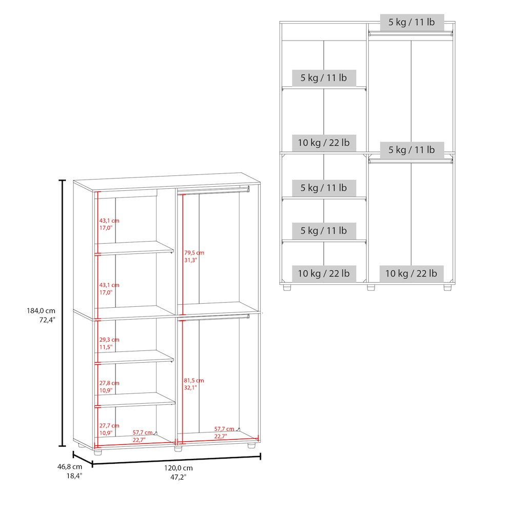 Brewster Wardrobe, 2 Doors, 6 Legs, 7 Shelves, Walnut / White. Picture 7