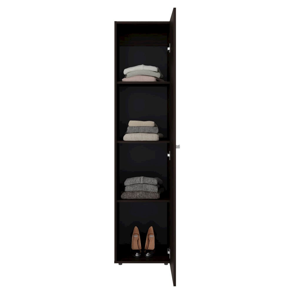 1 Door Wardrobe 67" H with Mirror and Vertical Storage Design, Dark Walnut. Picture 4
