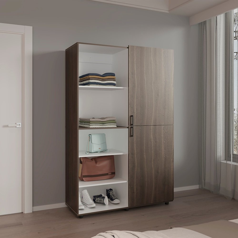 Brewster Wardrobe, 2 Doors, 6 Legs, 7 Shelves, Walnut / White. Picture 4