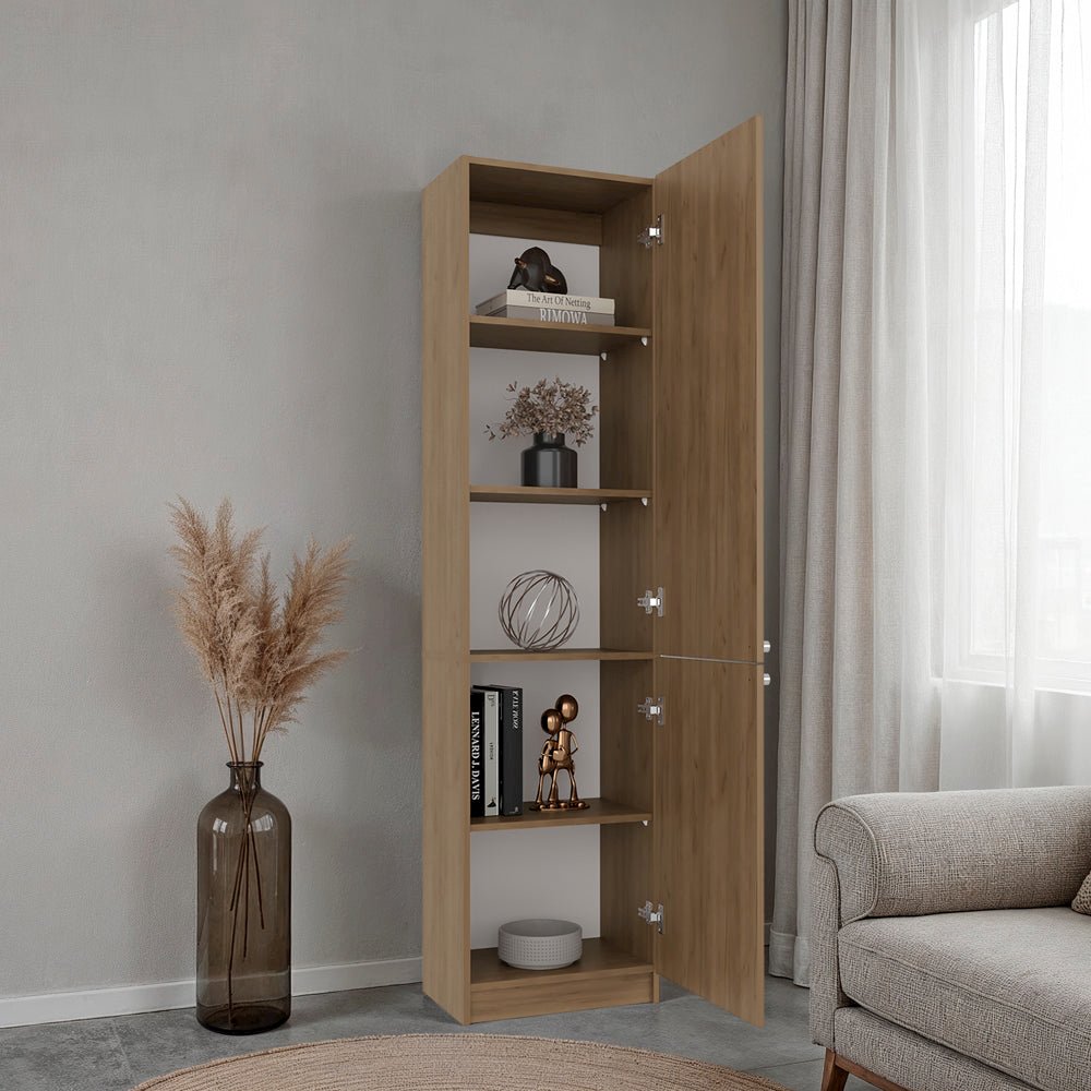 Butte Tall Bookcase 71" H with 2 Doors, Five Interior Shelves, Natural Oak/White. Picture 2