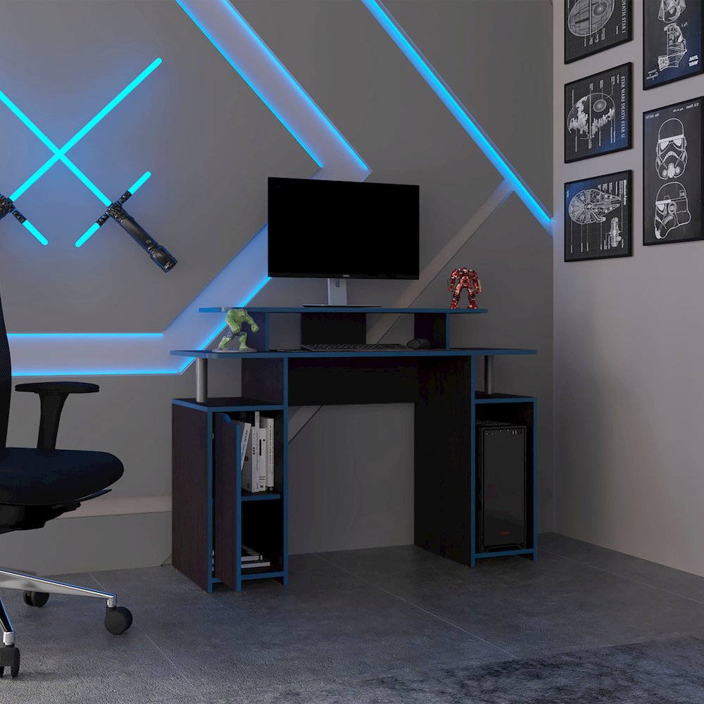Hobart Gaming Desk, 1 Door, 6 Shelves, Black Wengue / Blue Edge. Picture 8