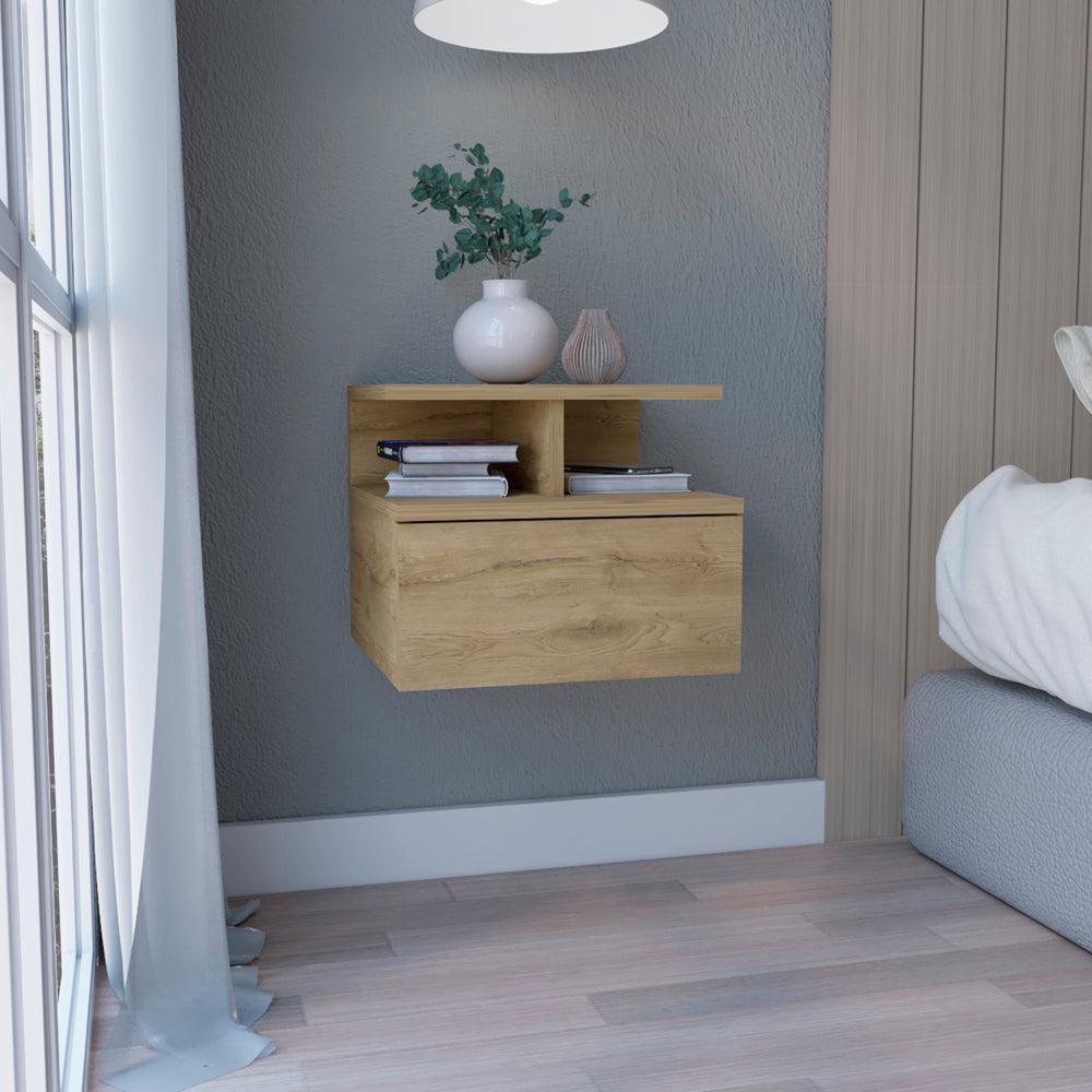 Nightstand, Wall Mounted with Single Drawer and 2-Tier Shelf, Macadamia. Picture 7