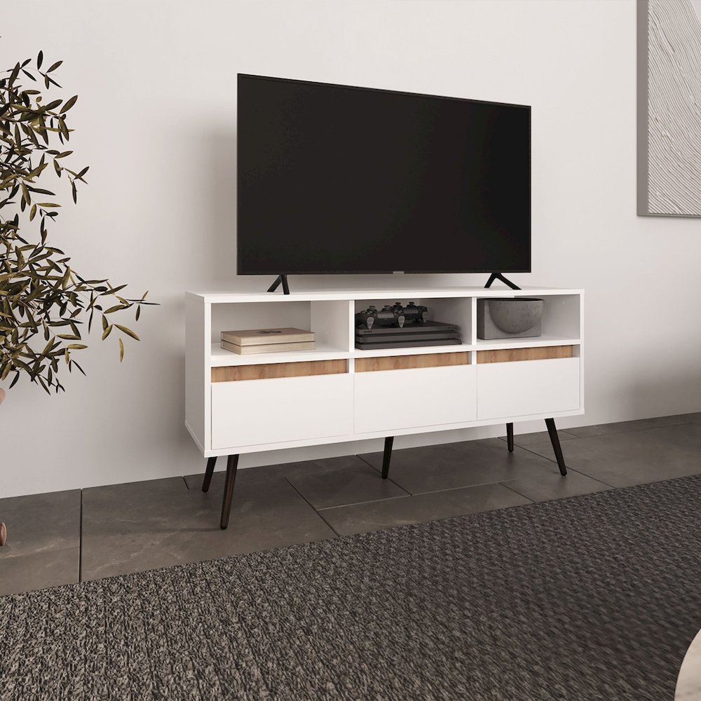 Barrow TV Stand, 3 Drawers, 3 Shelves, White / Natural Oak. Picture 6