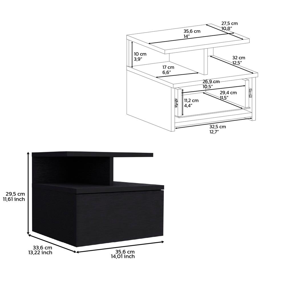 DEPOT E-SHOP Seward Floating Nightstand, Wall Mounted with Single Drawer and 2-Tier Shelf, Black. Picture 3