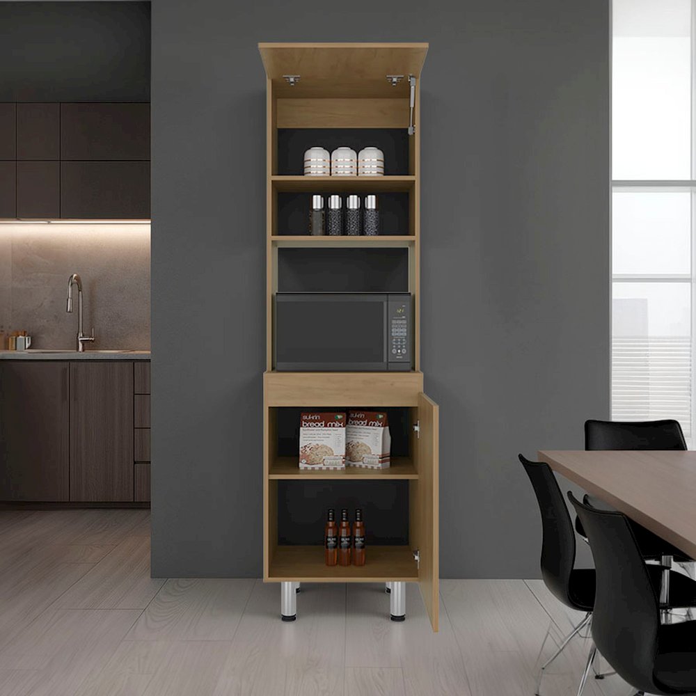 Kitchen Pantry with Microwave Space, Four Shelves, Closed Storage, Natural Oak. Picture 2