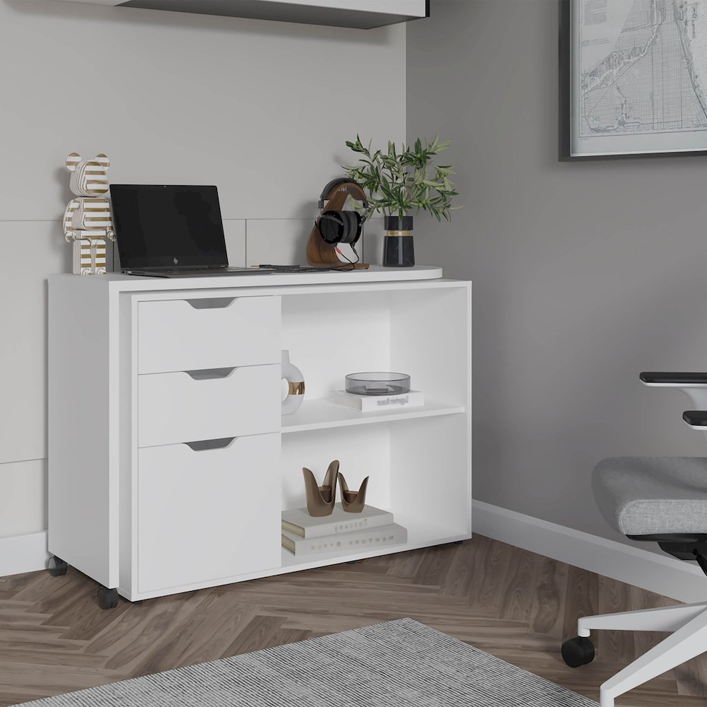 Lamont Rotable Desk 31.7" H, 1 Door, 2 Drawers, 2 Shelves, 2 Wheels, White. Picture 1