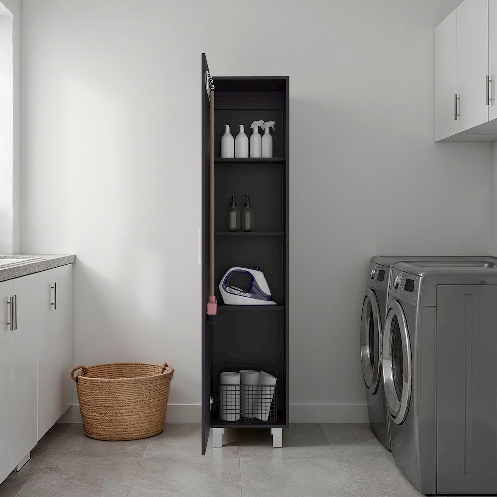 Vernon Slim Storage Cabinet with 4-Tier Shelf and Broom Hangers, Black Wengue. Picture 2