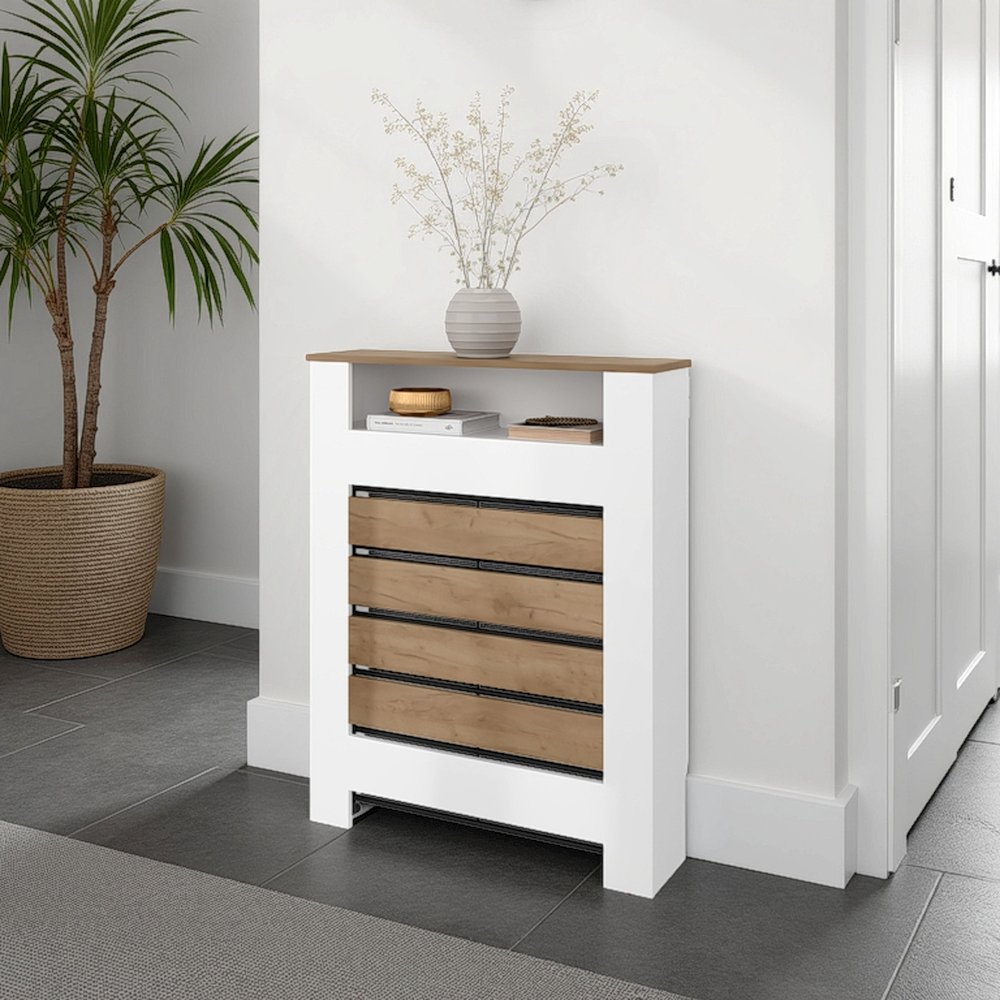 Parma Radiator Cover Cabinet, 1 Shelf, White / Walnut. Picture 3