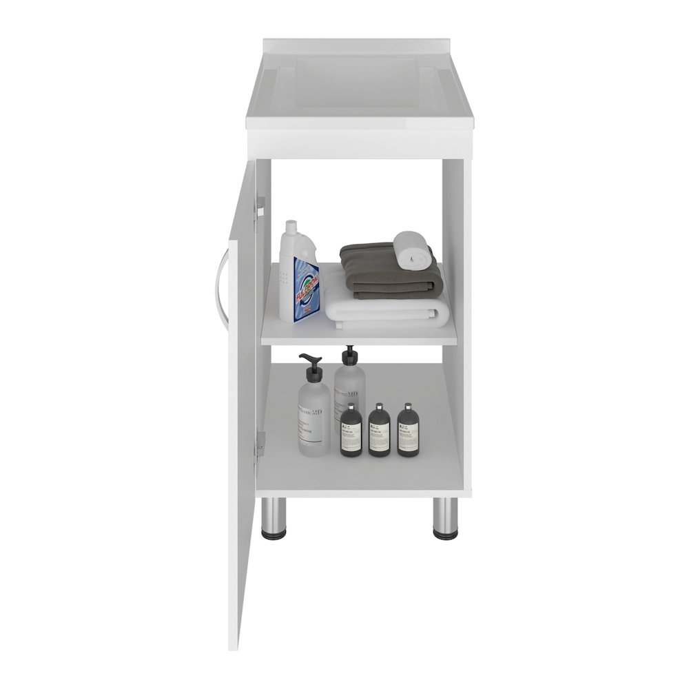 Mylo Freestanding Utility Tub with 1 Door, 2 Shelves and 4 legs, White. Picture 4