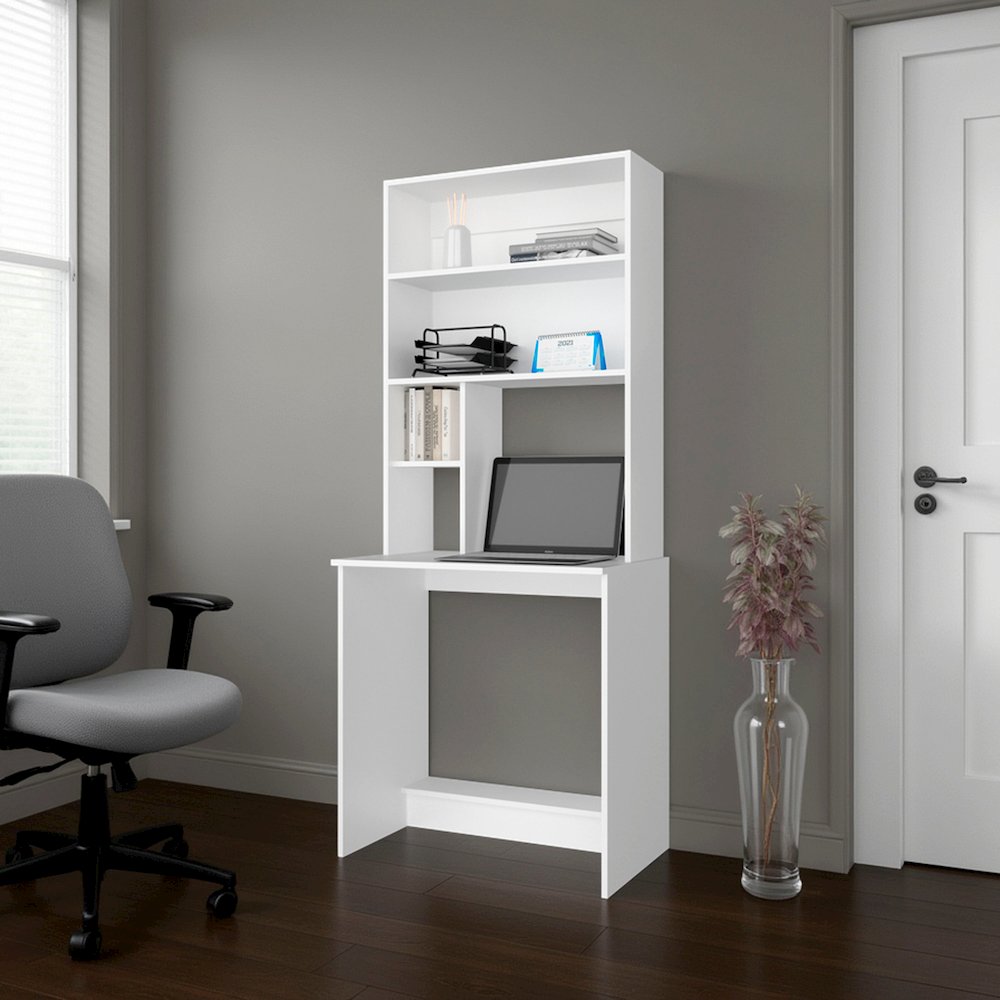 Motley Computer Hutch Desk, Lower Shelf, Four Shelves, White. Picture 1