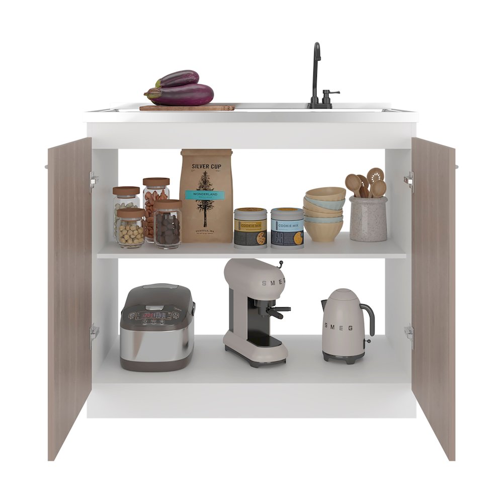 Salento Freestanding Sink, Double Door Cabinet, Two Shelves, White / Ligth Grey. Picture 4