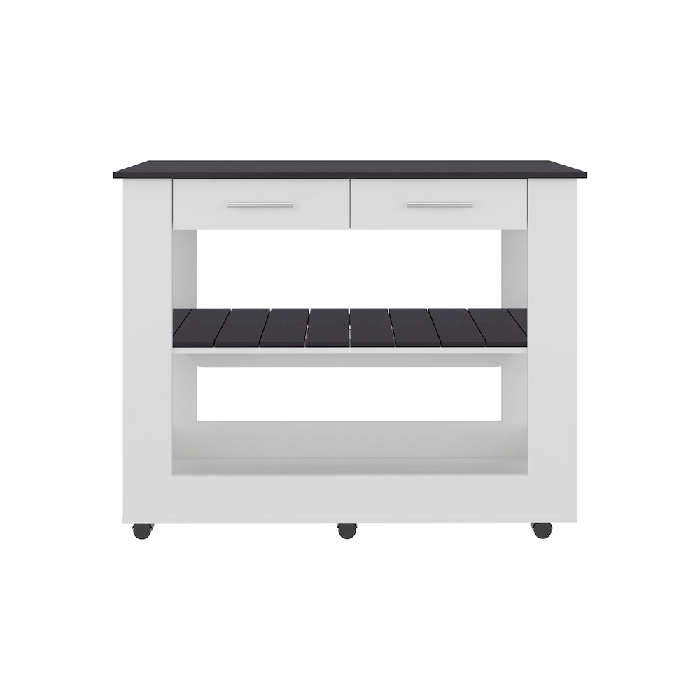 Delos Kitchen Island, 2 Drawers, 6 Wheels, 2 Shelves, White / Black Wengue. Picture 7