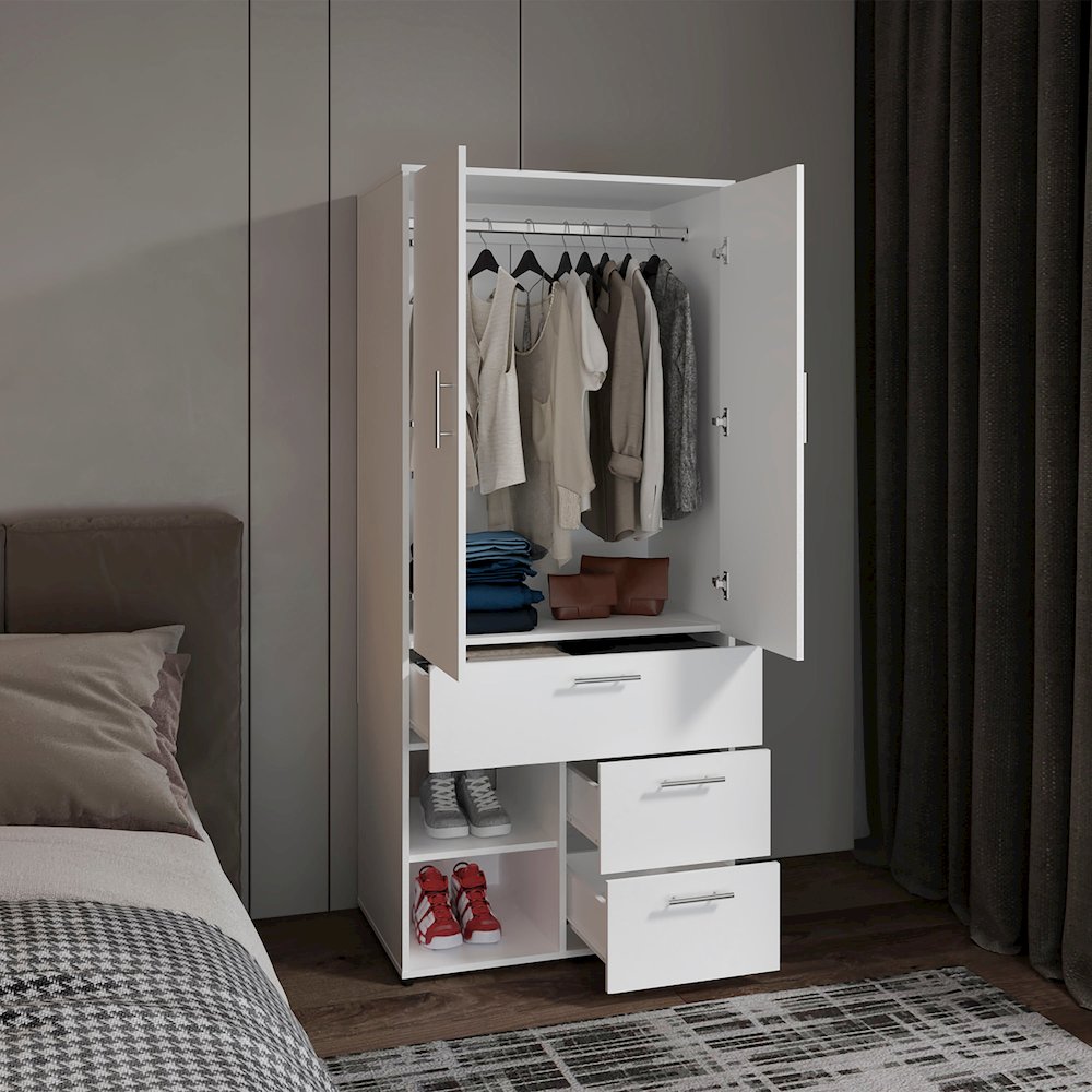 Riverdale Armoire, 2 Doors, 3 Drawers, 2 Shelves, 6 Legs, White. Picture 4