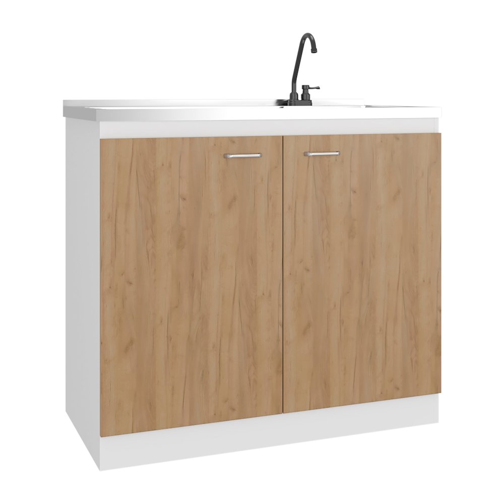 Salento Freestanding Sink, Double Door Cabinet, Two Shelves, White / Natural Oak. Picture 8