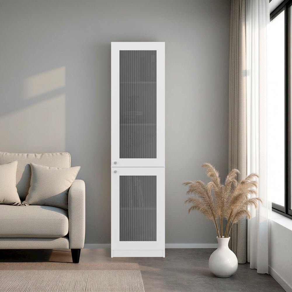 Tall Bookcase 71" H with 2 Fluted Panel Doors, Five Interior Shelves, White. Picture 1