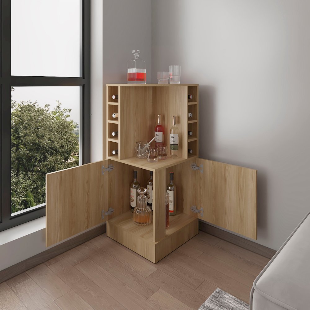 norwich Bar Cabinet, 2 Doors, 8 Wine Bottle Compartments, Natural Oak. Picture 6