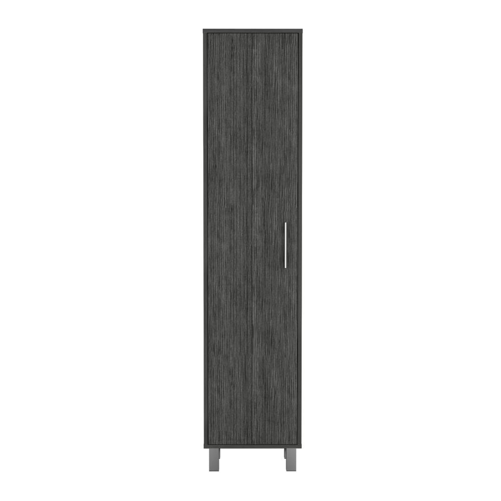 Narrow Storage Cabinet with 5-Tier Shelf and Broom Hangers, Smokey Oak -Garage. Picture 4