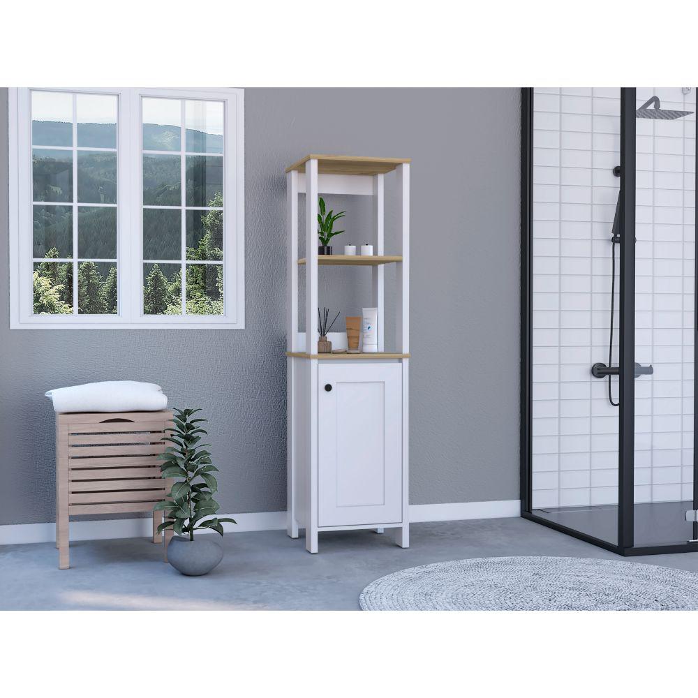 DEPOT E-SHOP New Haven Linen Cabinet, Two Internal Shelves, Two Open Shelves, Four Legs, One-Door Cabinet- Light Oak-White, For Bathroom. Picture 1
