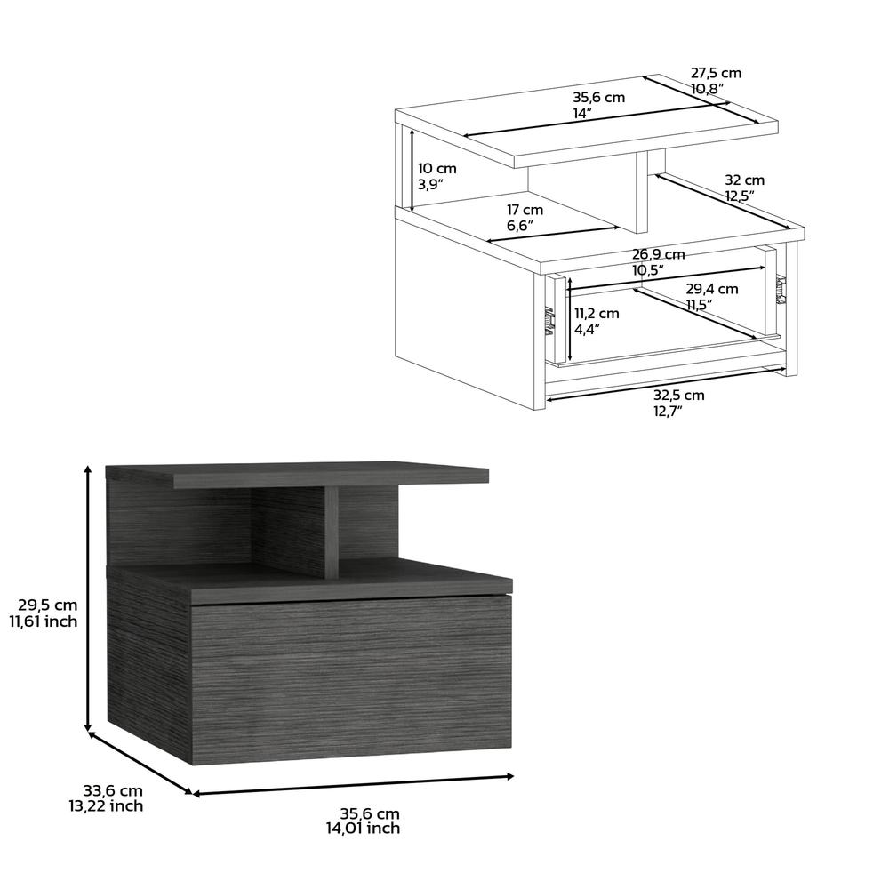 Nightstand, Wall Mounted Single Drawer and 2-Tier Shelf, Smokey Oak -Bedroom. Picture 7