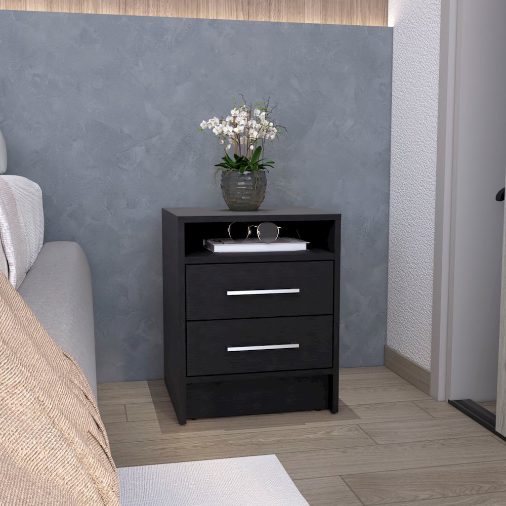 Leyva Nightstand with 2 Drawers and 1 Shelf, Black. Picture 6