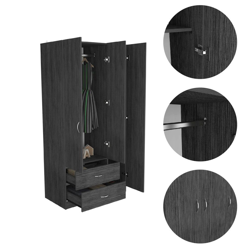 DEPOT E-SHOP Bosko 3 Doors Armoire, Two Drawers, One Door Cabinet, Two Door Cabients, Metal Rod, Smoky Oak/White, For Bedroom. Picture 4