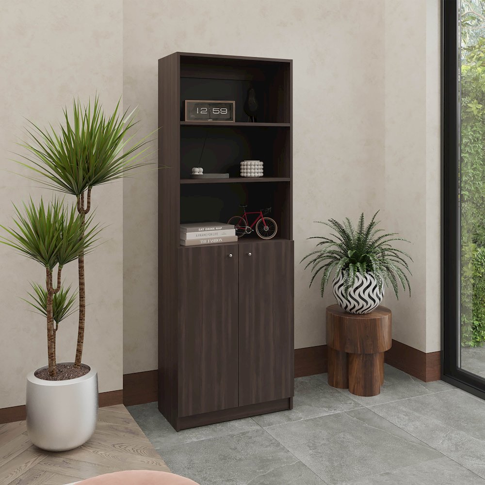Vinton 2-Door Bookcase with Upper Shelves, Dark Walnut / Black Wengue. Picture 7