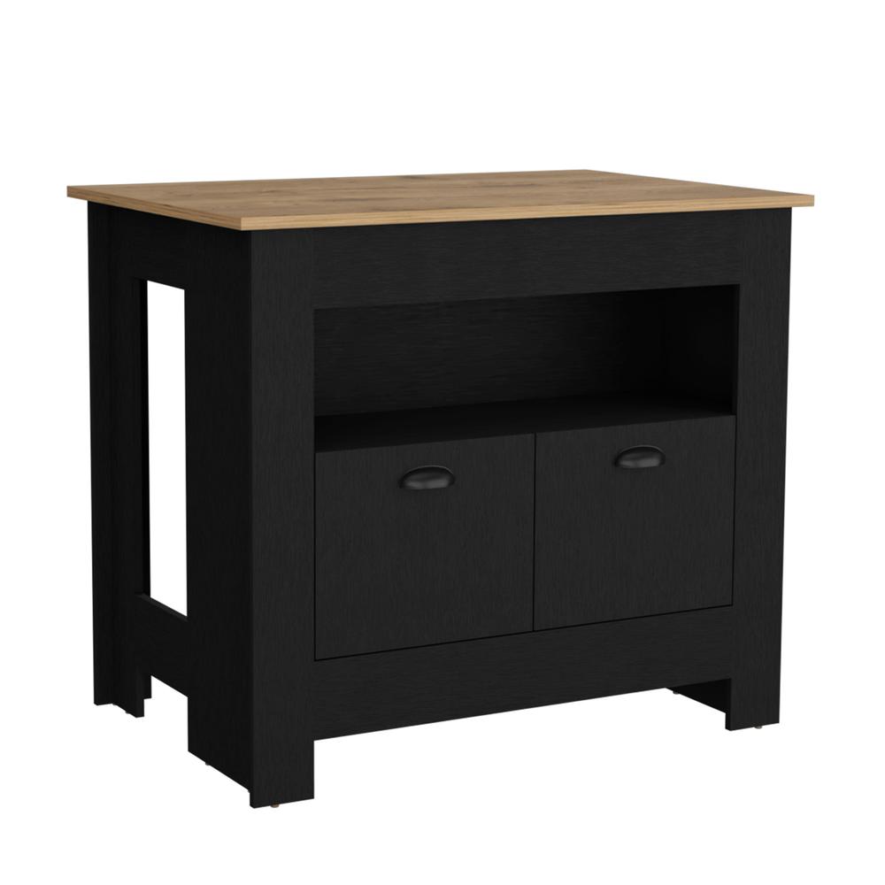 Floyd 35" H Kitchen Island, whit  2 doors, 3 shelves, Black/Macadamia,. Picture 1