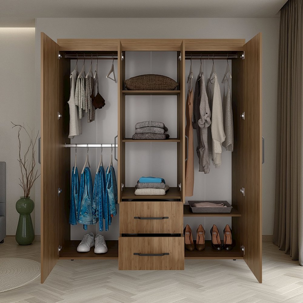 Wardrobe, Deluxe Armoire with Multiple Storage Options, Metal Accents, Oak. Picture 2