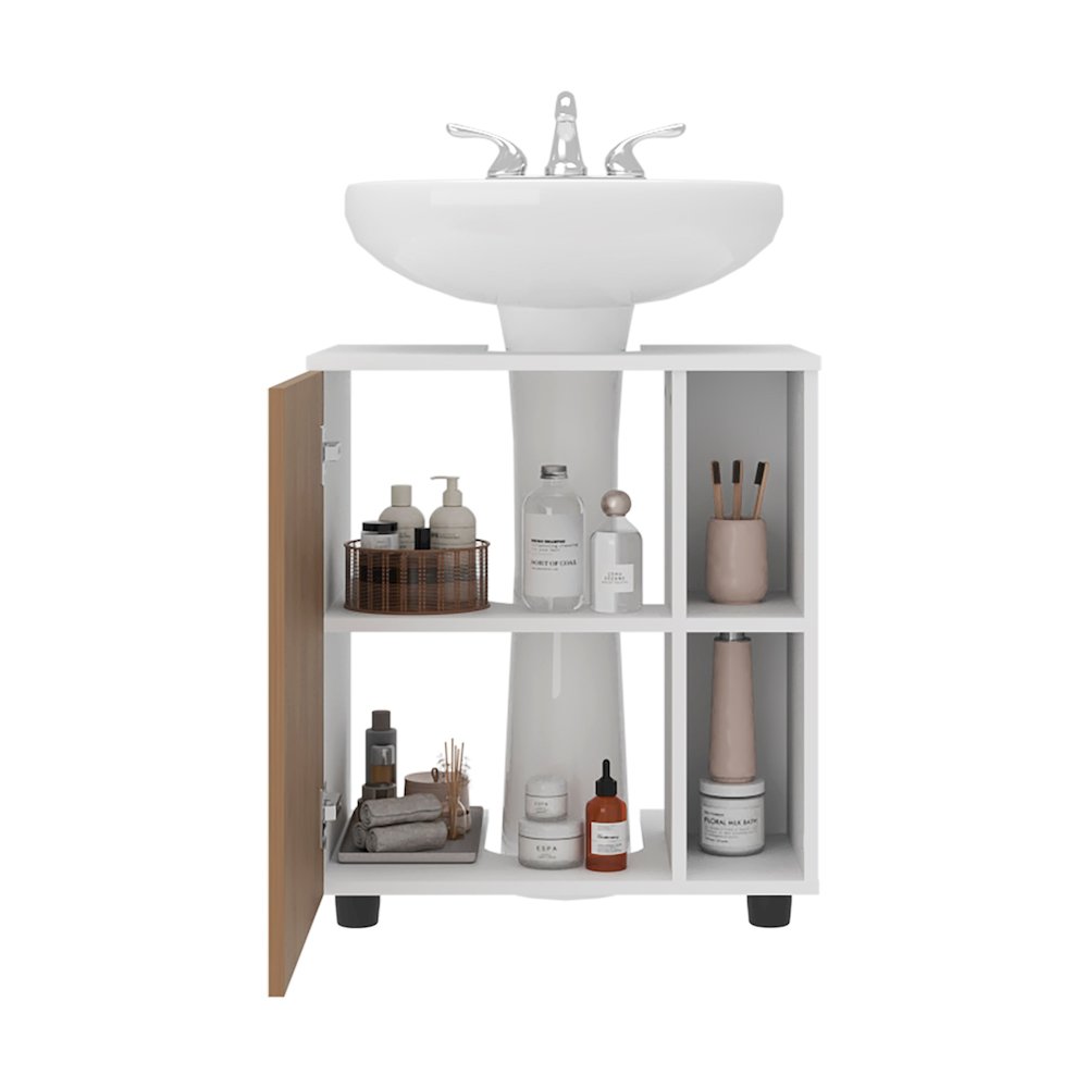 Foscoe Storage Cabinet, 1 Door, 3 Shelves, 4 Legs, White / Natural Oak. Picture 3