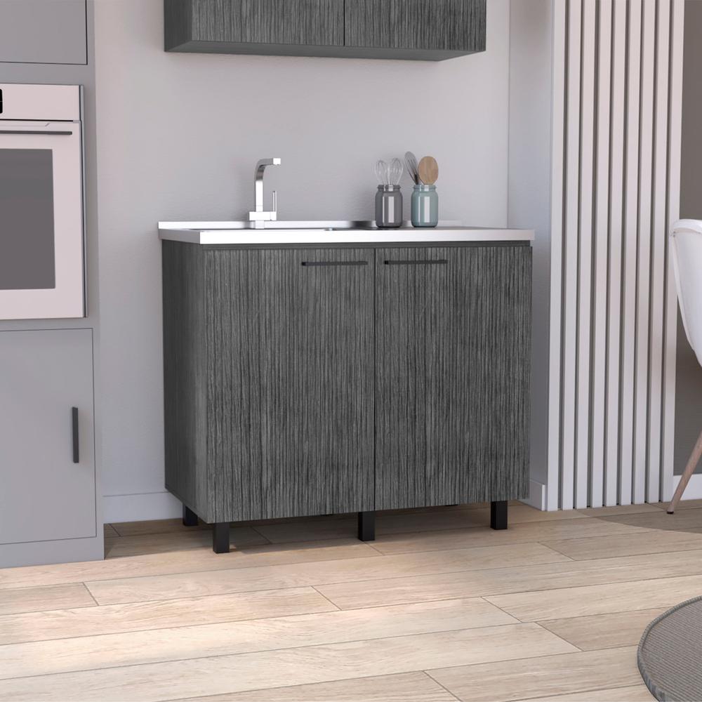 Utility Base Cabinet Stainless Steel Countertop and 2-Door, Smokey Oak -Kitchen. Picture 5