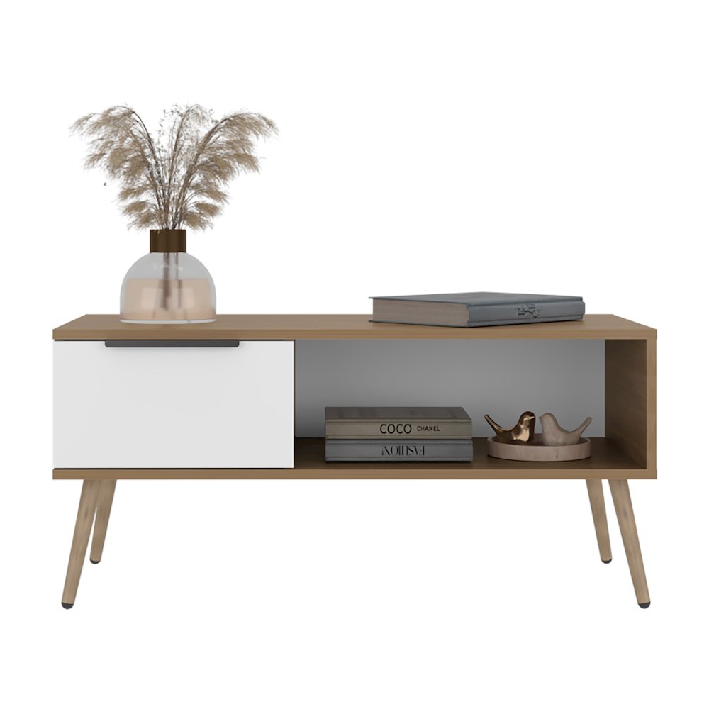Basset Coffee Table, 1 Drawer, 1 Shelf, 4 Legs, Natural Oak / White. Picture 3