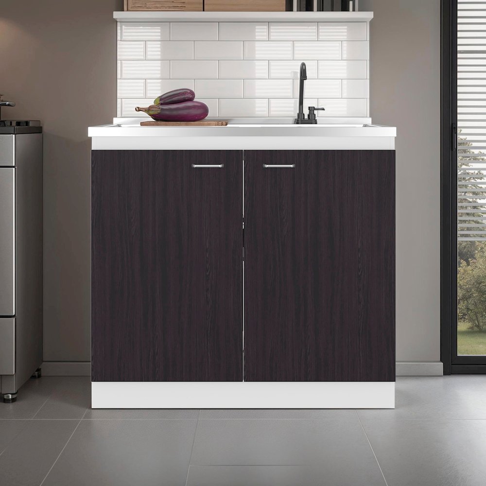 Salento Freestanding Sink, Double Door Cabinet, Two Shelves, White/Black Wengue. Picture 1