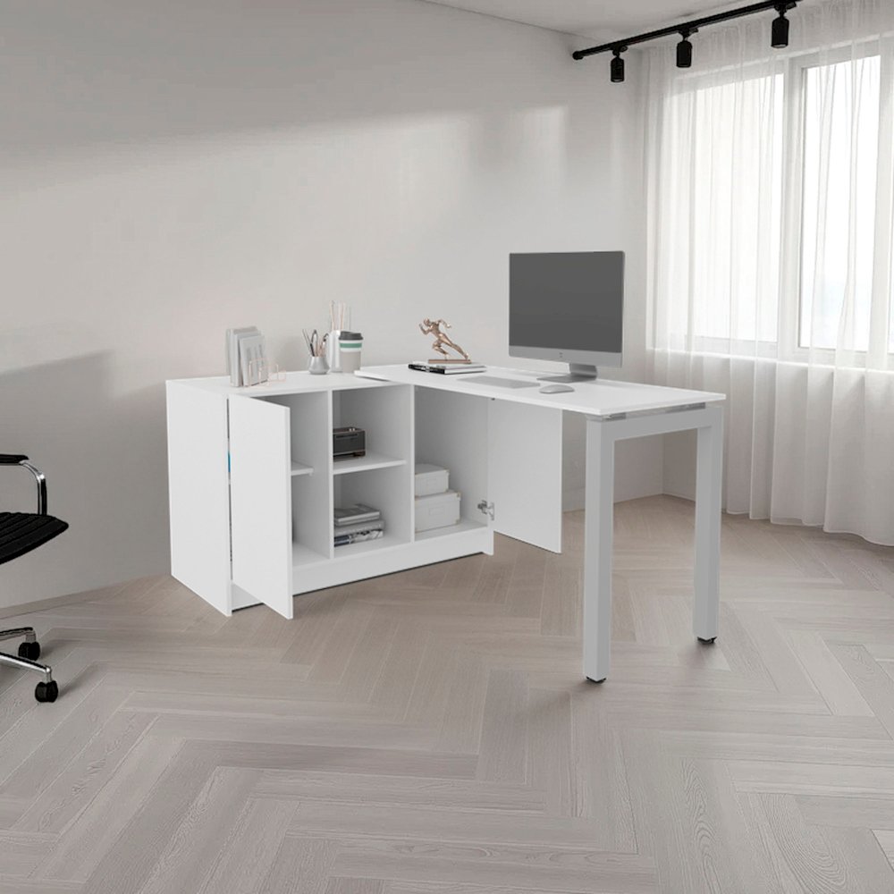 Afton Desk, 2 Doors, 4 Shelves, 2 Legs, White. Picture 5